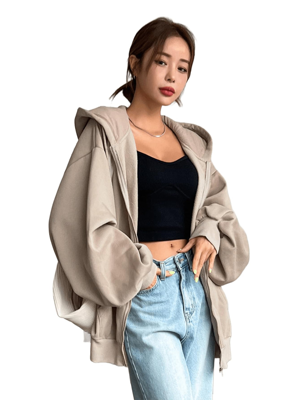 SXV STYLE Casual Zip-Up Hoodie, Oversized Fit, Light Grey, Front Pockets