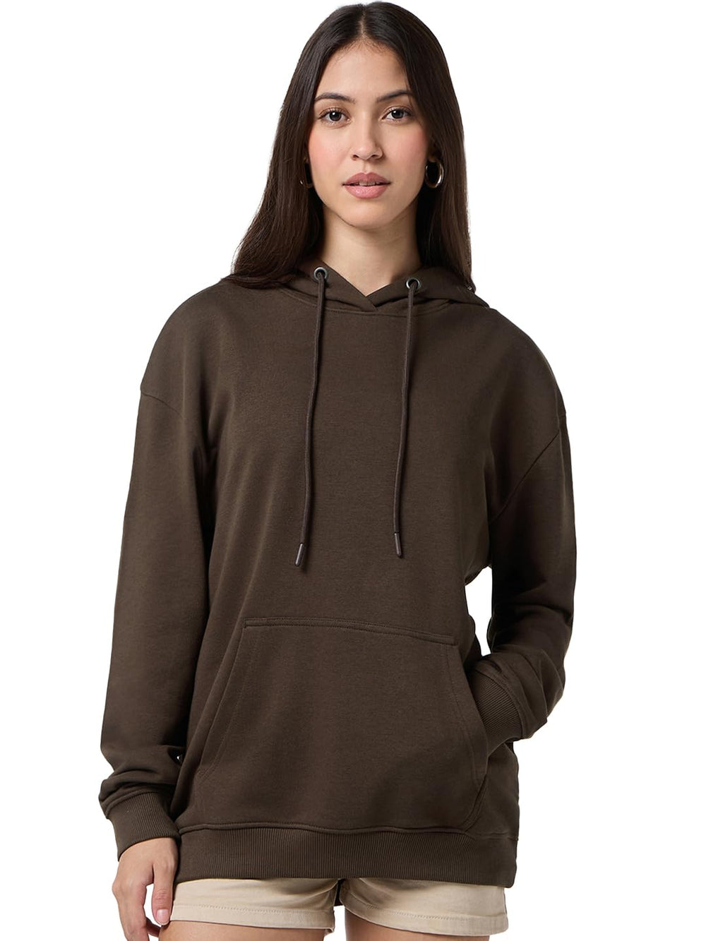 Bewakoof Women's Solid Oversized Fit Full Sleeve Hooded Cotton Blend Hoodies