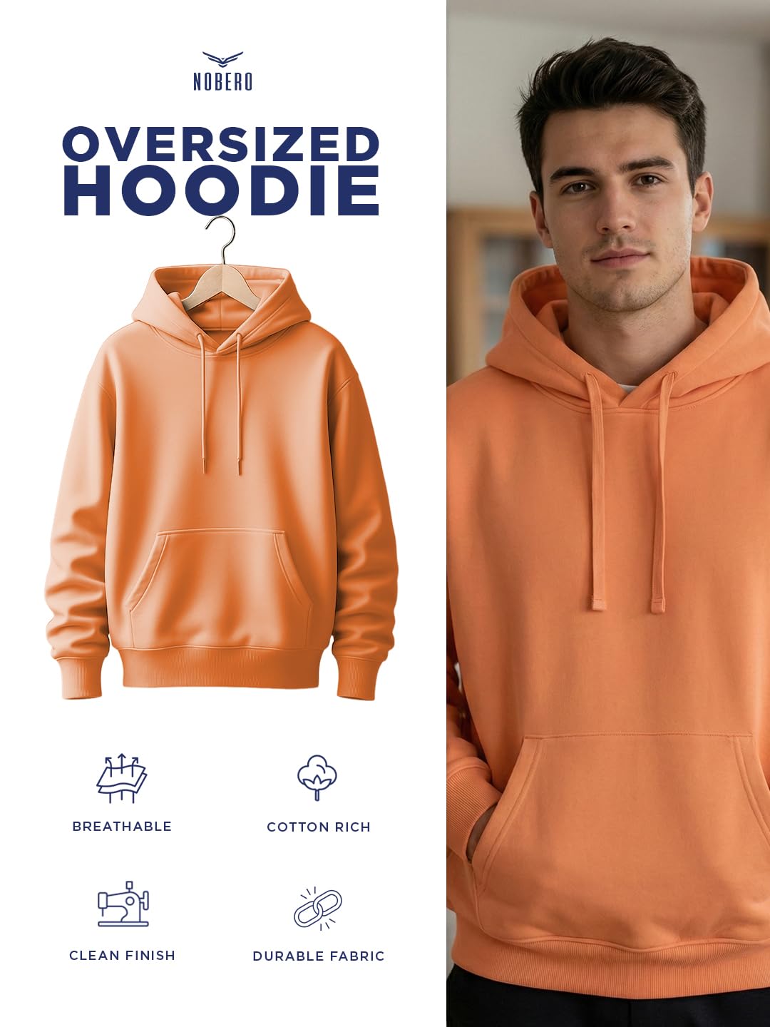 NOBERO Oversized Solid Hooded Sweatshirt for Men | Oversized Hoodie for Men | Hooded Pullover | Cotton Rich Printed Hoodie 280 GSM Fleece