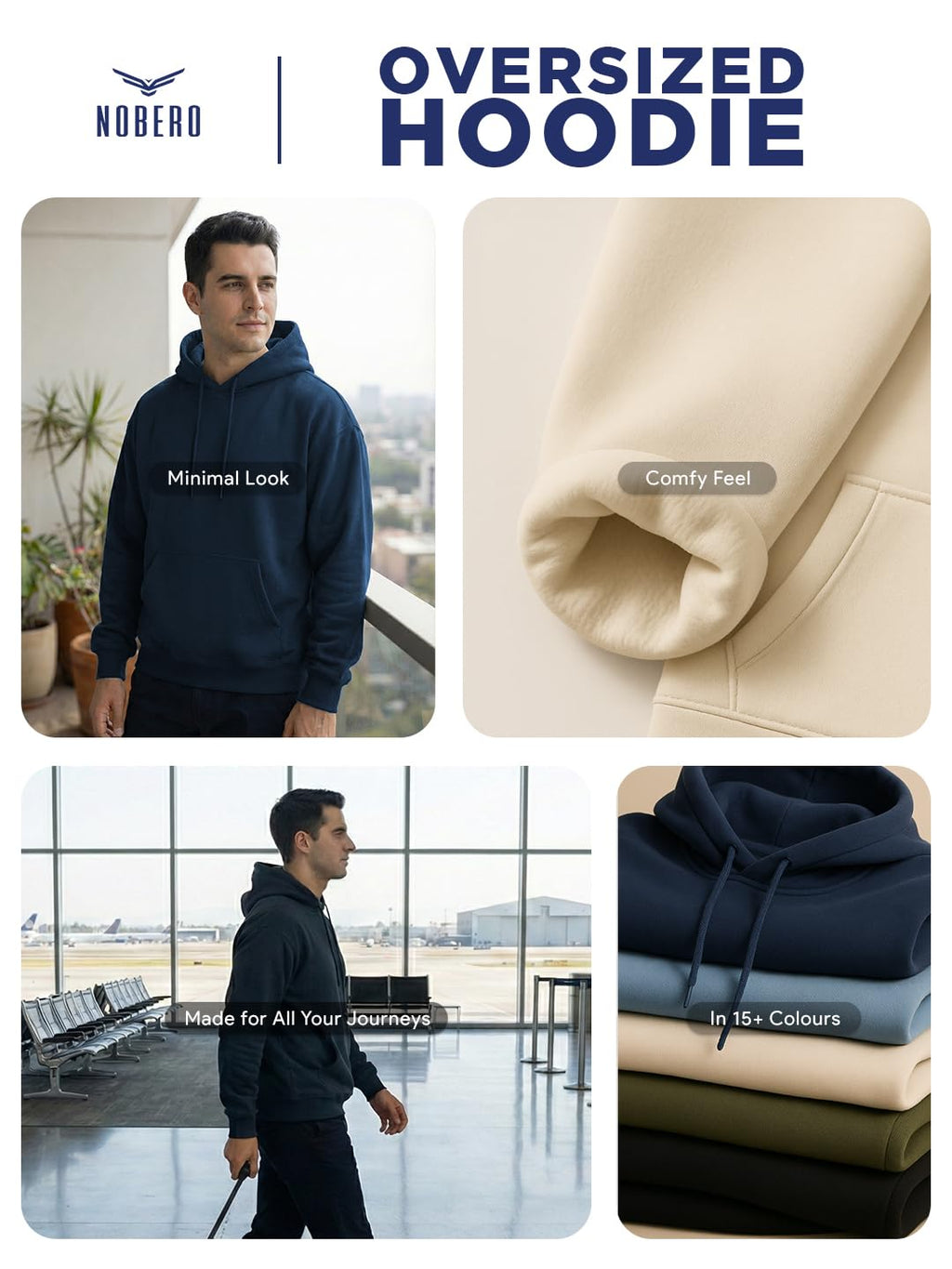 NOBERO Oversized Solid Hooded Sweatshirt for Men | Oversized Hoodie for Men | Hooded Pullover | Cotton Rich Printed Hoodie 280 GSM Fleece