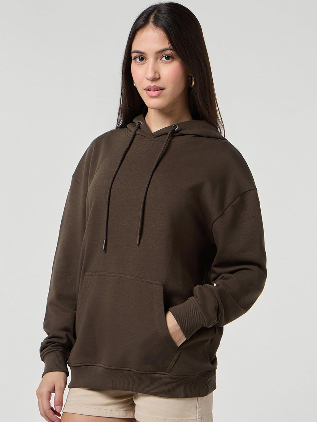 Bewakoof Women's Solid Oversized Fit Full Sleeve Hooded Cotton Blend Hoodies