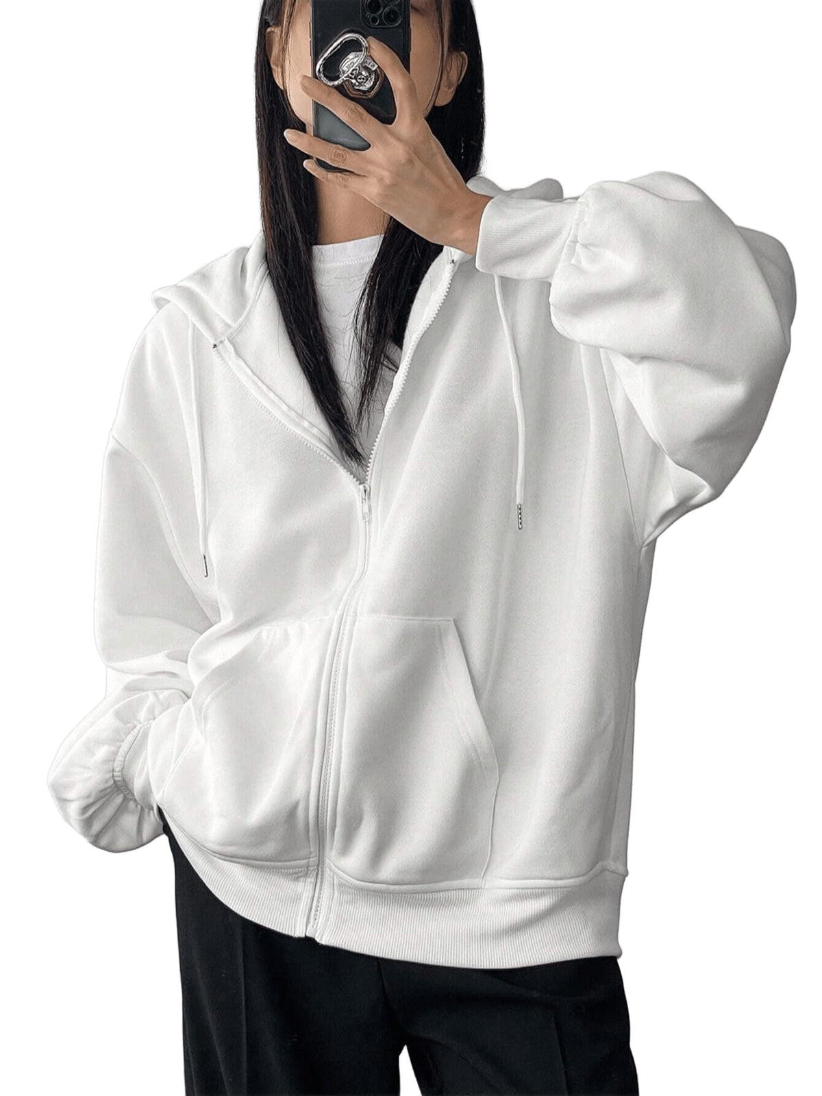 SXV STYLE Casual Zip-Up Hoodie, Oversized Fit, Light Grey, Front Pockets