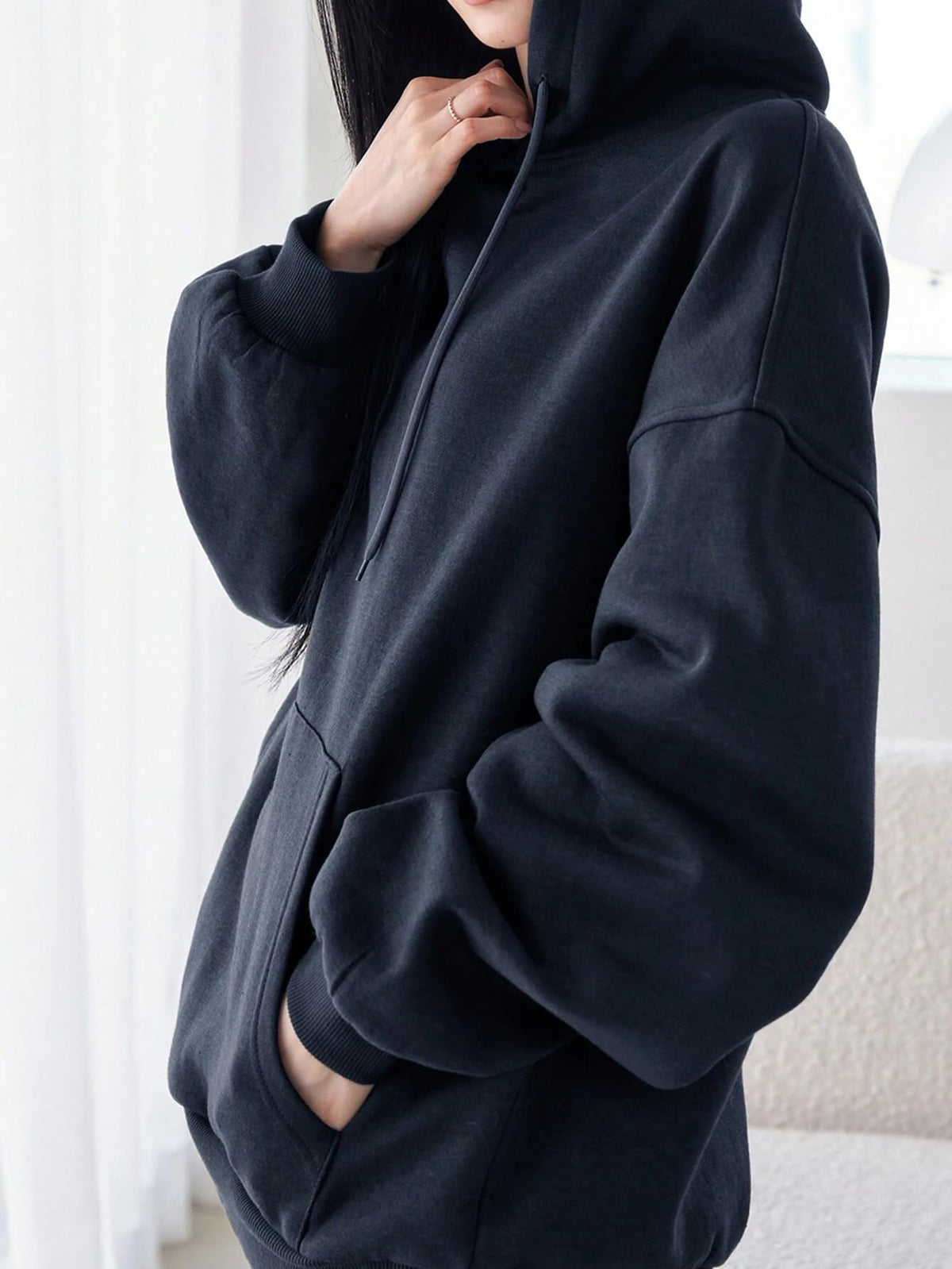 SXV STYLE Grey Solid Autumn New Loose Casual Hooded Sweatshirt for Women