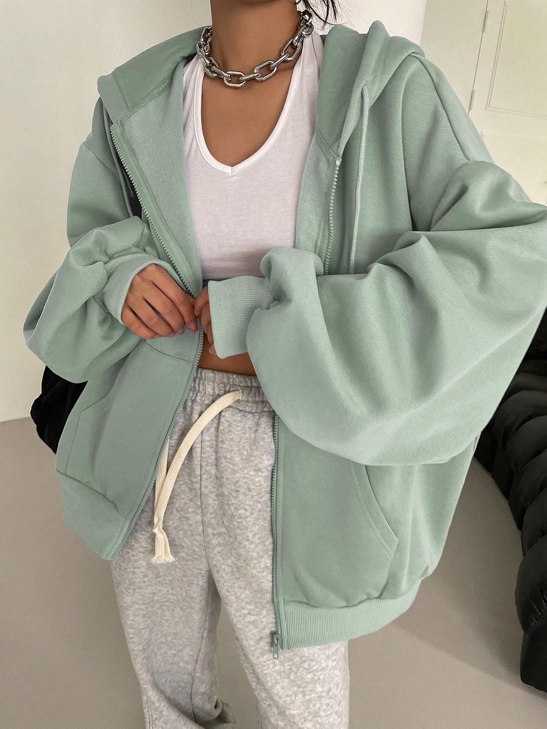 SXV STYLE Casual Zip-Up Hoodie, Oversized Fit, Light Grey, Front Pockets