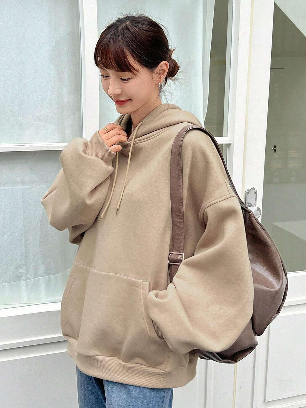 SXV STYLE Grey Solid Autumn New Loose Casual Hooded Sweatshirt for Women