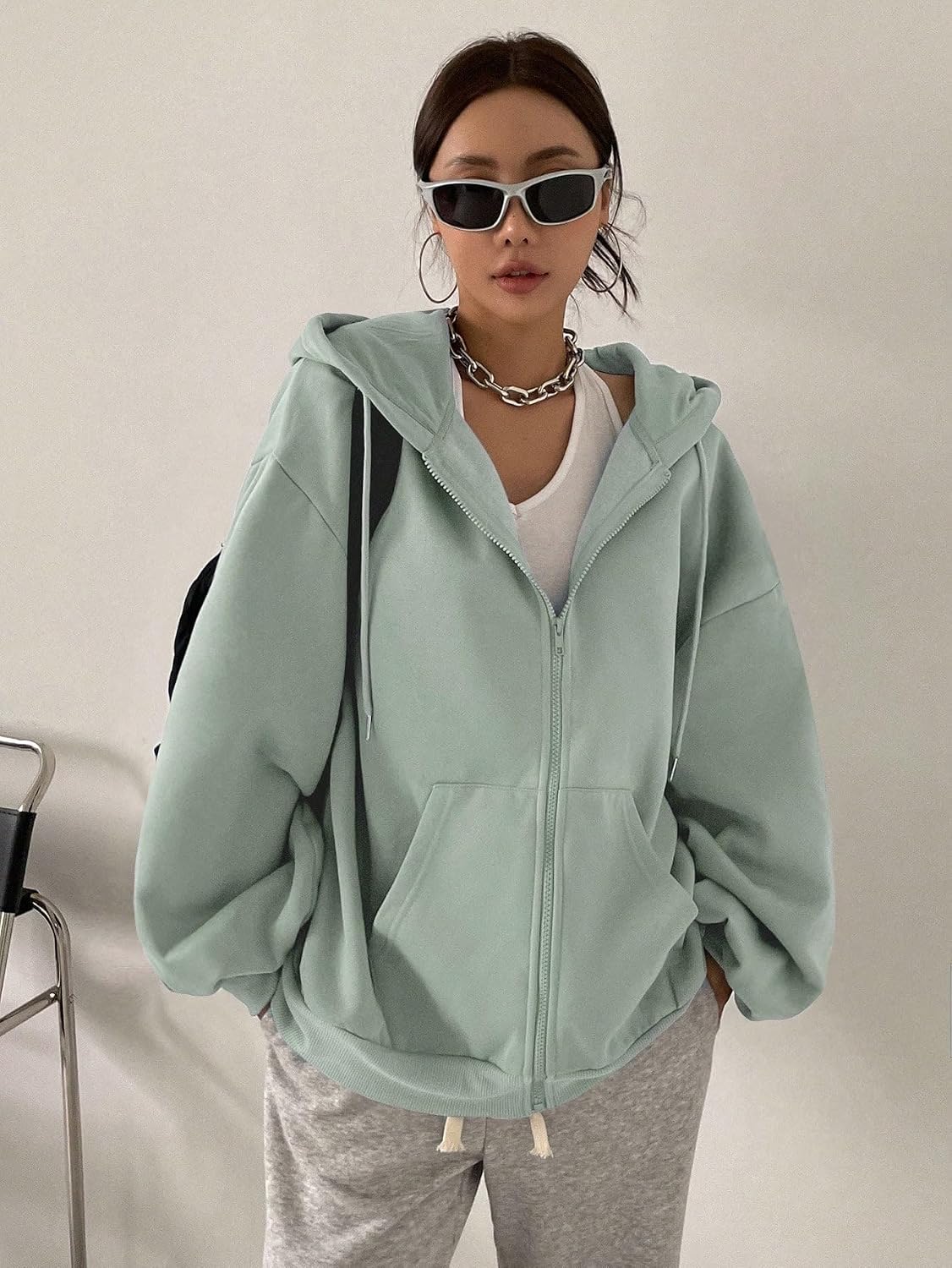 SXV STYLE Casual Zip-Up Hoodie, Oversized Fit, Light Grey, Front Pockets