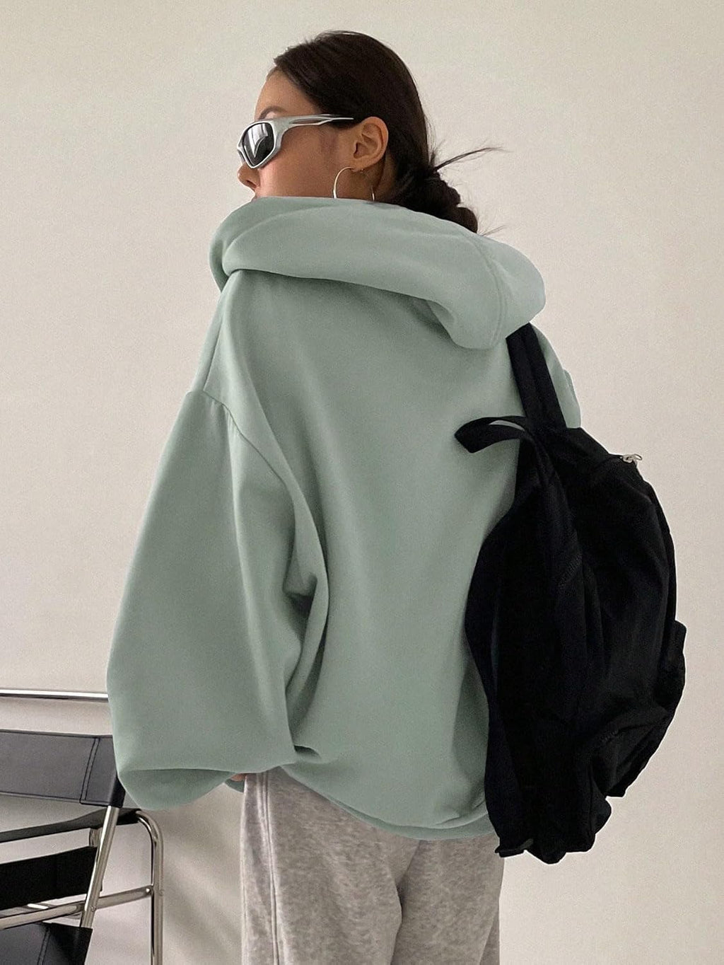 SXV STYLE Casual Zip-Up Hoodie, Oversized Fit, Light Grey, Front Pockets
