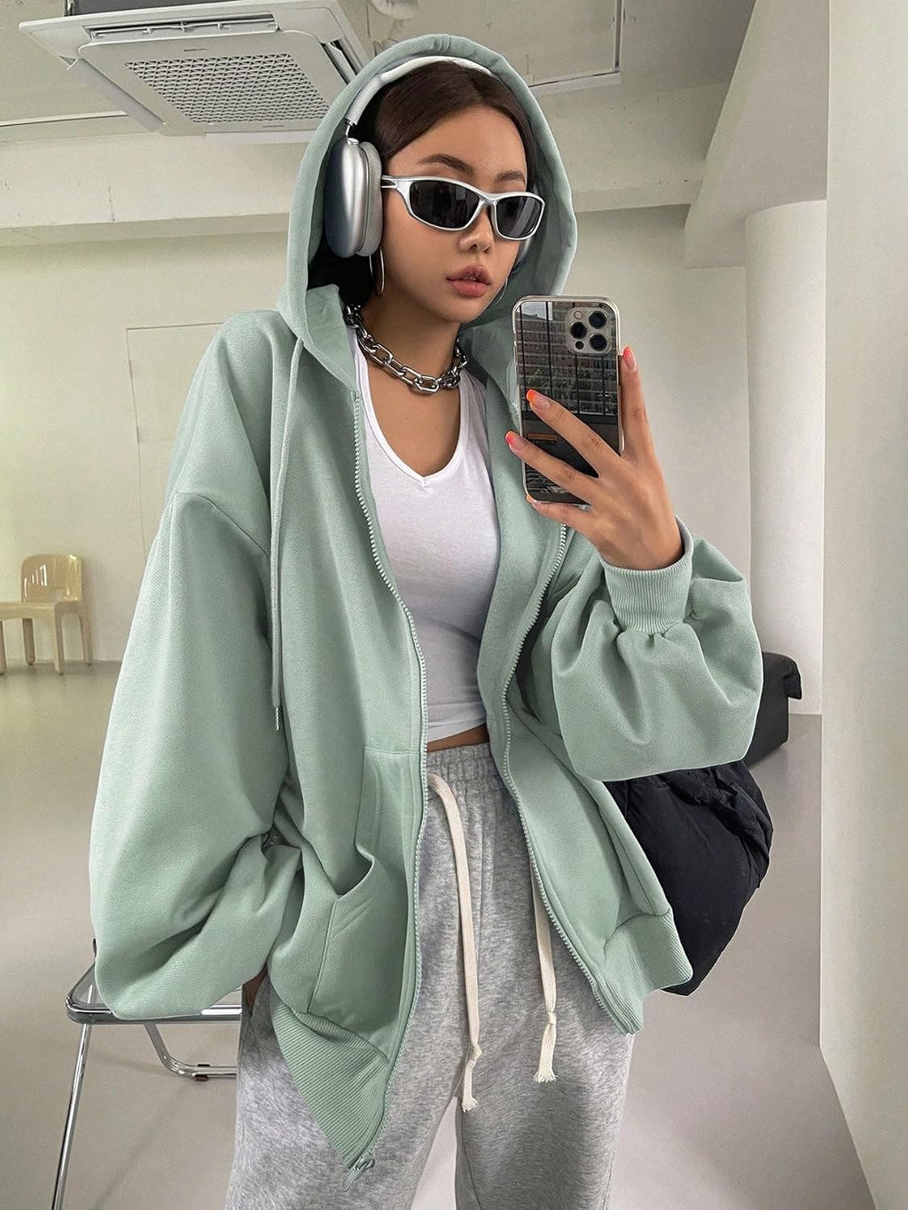 SXV STYLE Casual Zip-Up Hoodie, Oversized Fit, Light Grey, Front Pockets