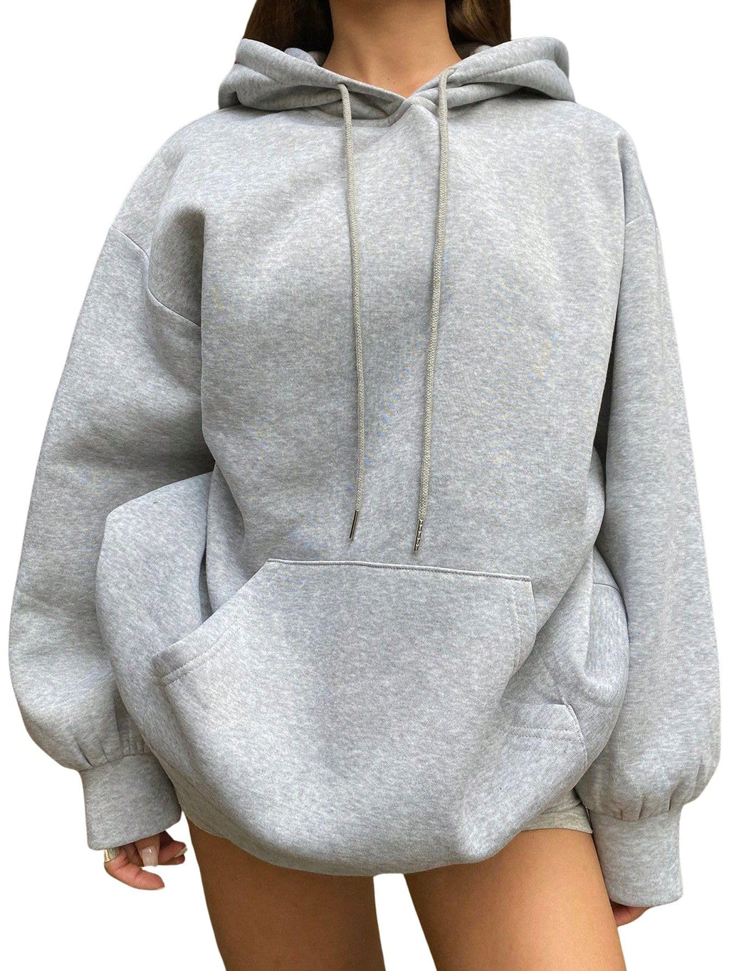 SXV STYLE Grey Solid Autumn New Loose Casual Hooded Sweatshirt for Women